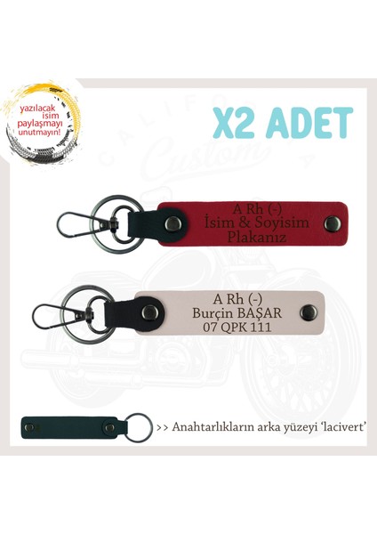 Otomobile Isim Plaka ve A Rh (-) Kan Grubu Yazılı Kişiye Özel X2 Anahtarlık Set, Kırmızı-Pudra-Laci