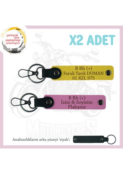 Motosiklet Severlere Özel, Isim Plaka ve B Rh (+) Kan Grubu Acil Durum X2 Anahtarlık, Sarı-Pembe-Syh