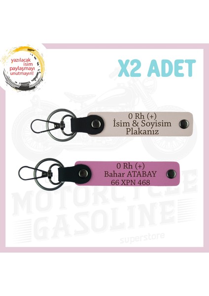 Pudra-Pembe, Motor Severlere, Isim Plaka ve 0 + Kan Grubu Yazılı Özel Tasarım Deri 2'li Anahtarlık