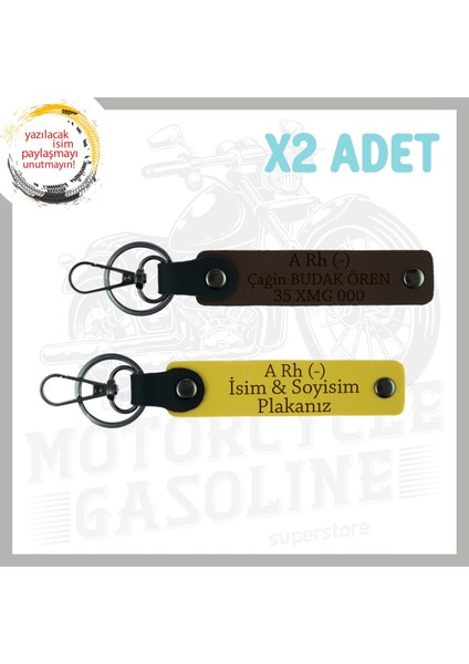 Sarı-Koyu Kahve, Motorcu Dostlara Özel, Isim Plaka ve A Rh (-) Kan Grubu Yazılı 2'li Anahtarlık Set