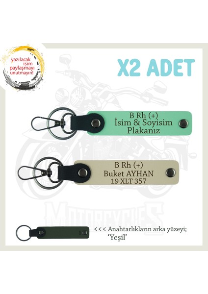 Çok Sevdiğine Özel Isim Plaka, B Rh + Kan Grubu Yazılı Kişisel X2 Anahtarlık Set, Yeşil-S Kahve-Ysl