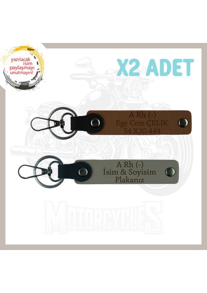 Kül Gri-Açık Kahve, Motor Severlere, Isim Plaka ve A Rh (-) Kan Grubu Yazılı 2'li Anahtarlık Set