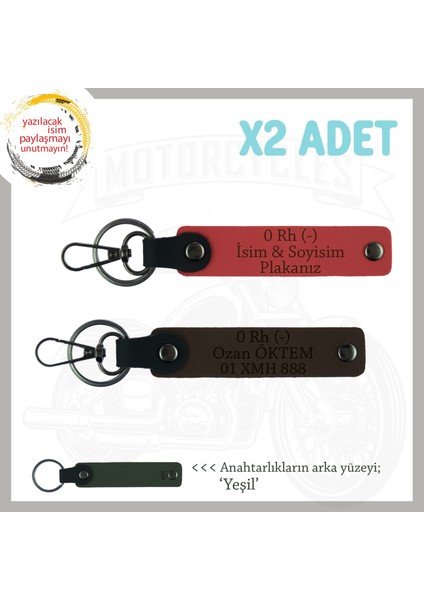 Motor Severlere Özel, Isim Plaka ve 0 Rh (-) Kan Grubu Yazılı X2 Anahtarlık, Nar Çiçeği-K Kahve-Ysl