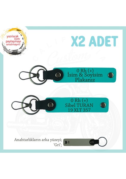 Yol Arkadaşlarına Özel Isim Plaka, 0 Rh (+) Kan Grubu Yazılı Kişiye Özel X2 Anahtarlık, K Turkuaz-Gr
