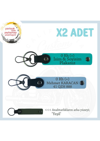 Yolların Sürücülerine Isim Plaka ve 0 Rh (+) Kan Grubu Yazılı X2 Deri Anahtarlık, K Turkuaz-Mavi-Ysl
