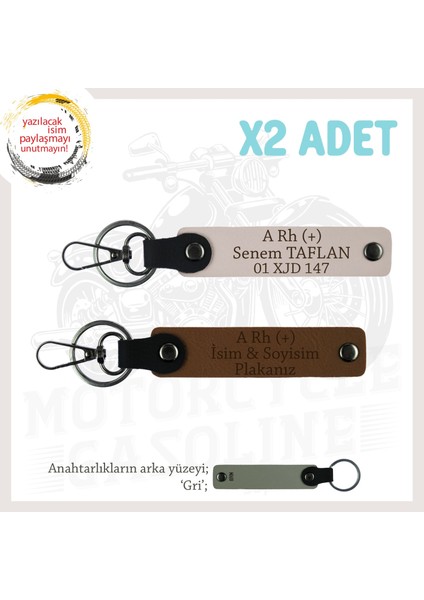 Biker Tarzına, Isim Plaka ve A Rh (+) Kan Grubu Yazılı Güvenli Sürüş Anahtarlığı X2, Kahve-Pudra-Gr