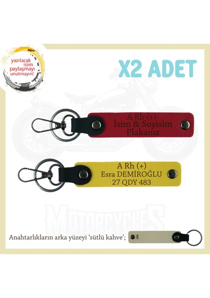 Motor Severlere Özel, Isim Plaka ve A Rh (+) Kan Grubu Yazılı Hediye X2 Anahtarlık, Kırmızı-Sarı-Sk
