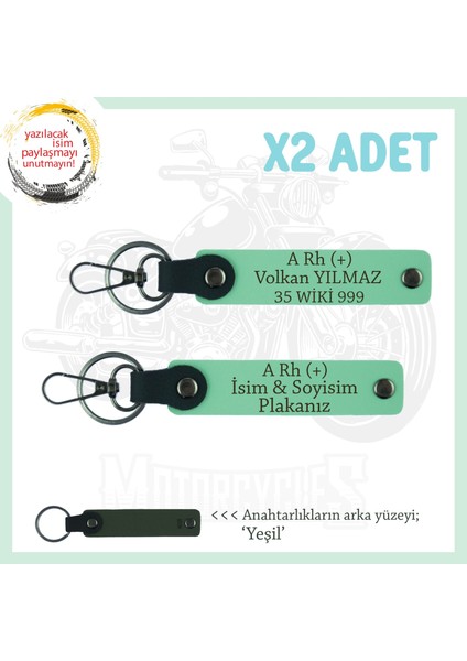 Efsane Motorculara Özel, Isim Plaka ve A Rh (+) Kan Grubu Anlamlı Hediye X2 Anahtarlık, Yeşil-Ysl