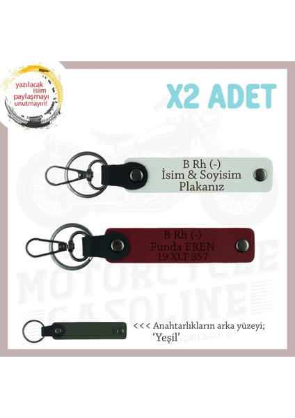 Bikerlar Isim Plaka ve B Rh (-) Kan Grubu Yazılı Deri X2 Anahtarlık Hediyelik Takım, Beyaz-Bordo-Ysl