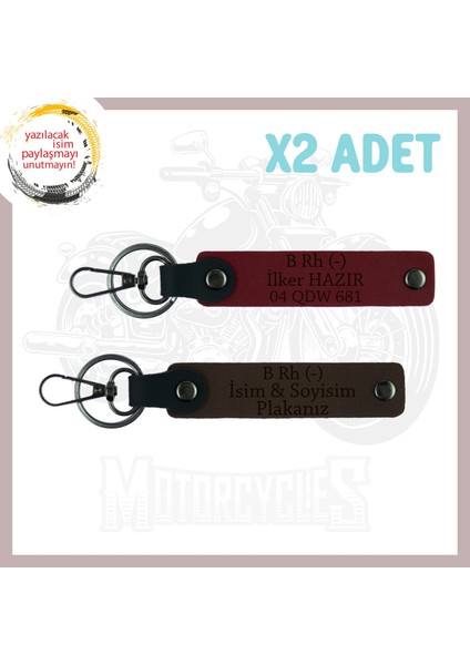 Koyu Kahve-Bordo, Bikerlar Için, Isim Plaka ve B (-) Kan Grubu Yazılı Anlamlı Hediye 2'li Anahtarlık