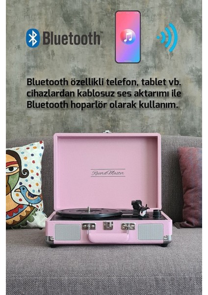 ST14012 Retro Pikap Plak Çalar - Pembe - Bluetooth, Şarj - 3 Devir - Universal Iğneli