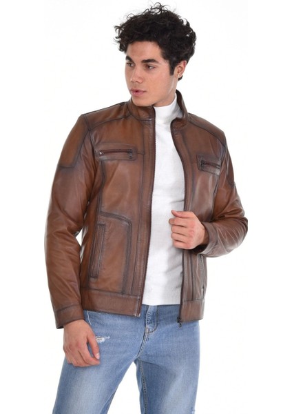 Hakiki Deri Kahverengi Hakim Yaka Erkek Deri Ceket