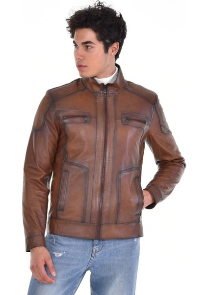 Hakiki Deri Kahverengi Hakim Yaka Erkek Deri Ceket