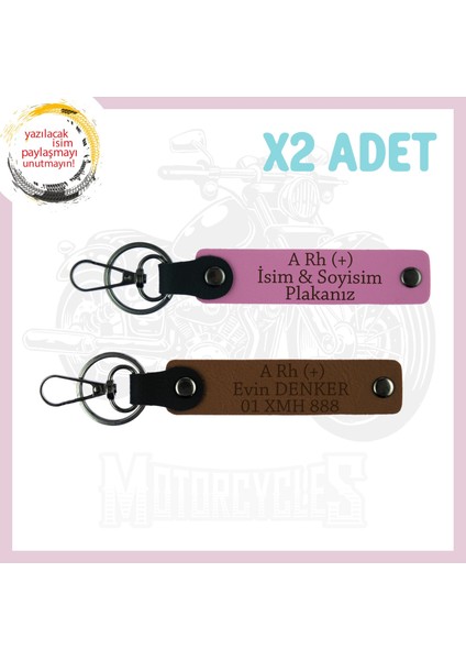 Açık Kahve-Pembe, Motosiklet Aşıkları Için, Isim Plaka ve A (+) Kan Grubu Yazılı 2'li Anahtarlık