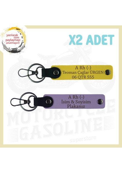 Mor Menekşe-Sarı, Hız Tutkununa Özel Isim Plaka ve A Rh (-) Kan Grubu Yazılı Deri 2'li Anahtarlık