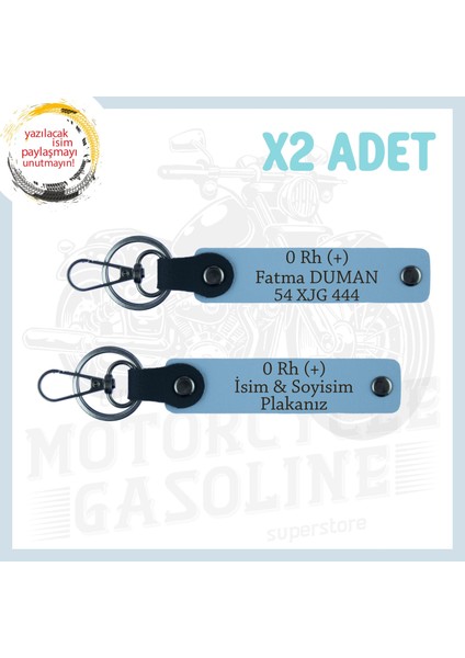 Gök Mavi, Yol Arkadaşlarına, Isim Plaka ve 0 Rh + Kan Grubu Yazılı Acil Durum 2'li Anahtarlık Takımı