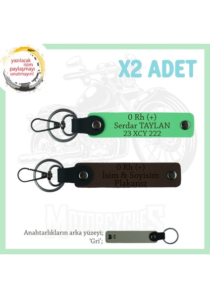 Hız Severlere Isim Plaka ve 0 Rh (+) Kan Grubu Yazılı Motorcu X2 Anahtarlık Set, K Kahve-F Yeşil-Gr