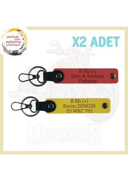 Nar Çiçeği-Sarı, Bikerlar Için, Isim Plaka ve B Rh (+) Kan Grubu Yazılı Hediye Deri 2'li Anahtarlık