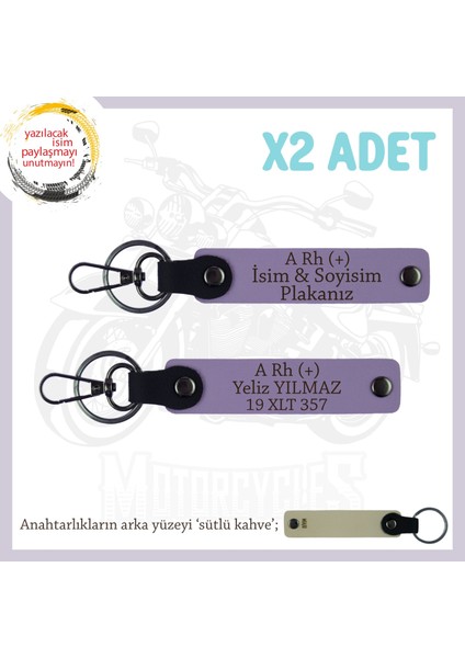 Motor Tutkunlarına, Isim Plaka ve A+ Kan Grubu Yazılı Özel Üretim X2' Li Anahtarlık, Armağan, Mor-Sk