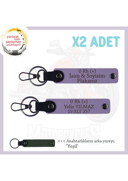 Motor Tutkunlarına, Isim Plaka ve 0+ Kan Grubu Yazılı Özel Üretim 2'li Anahtarlık, Armağan, Mor-Ysl