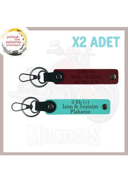 Turkuaz-Bordo, Motor Tutkununa Özel Isim Plaka ve 0 (+) Kan Grubu Yazılı Özel Üretim 2'li Anahtarlık