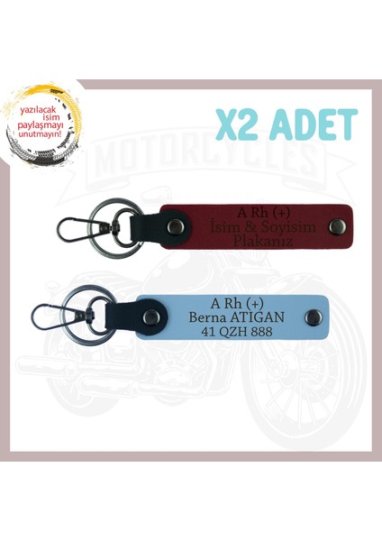 Gök Mavi-Bordo, Motor Severlere Özel, Isim Plaka ve A + Kan Grubu Yazılı Kişiye Özel 2'li Anahtarlık