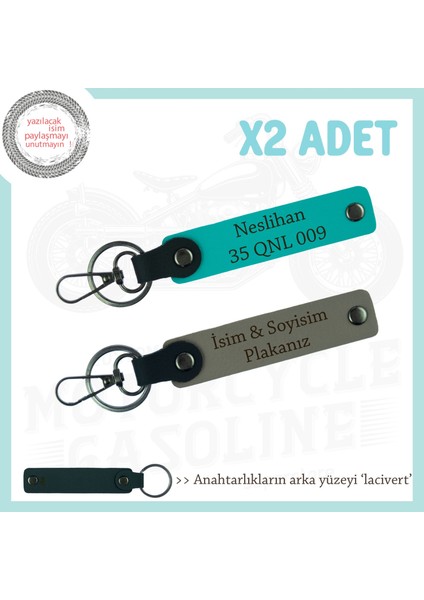 Motor Stiline Uygun, Kişiye Özel Deri 2’li Anahtarlık, Plaka ve Isim Yazılı, Kül Gri-K Turkuaz-Laci