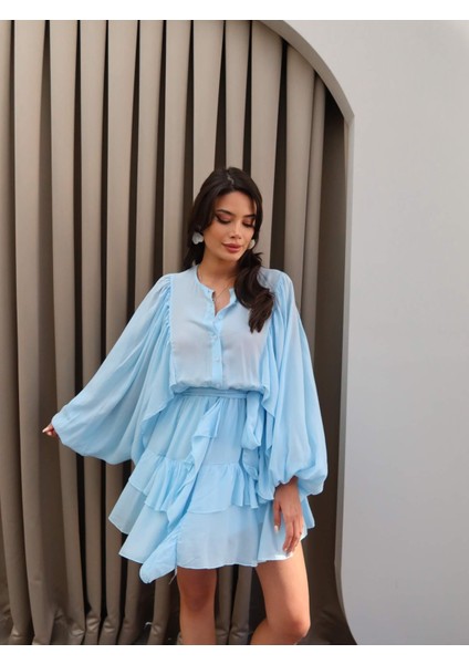 Kuşaklı Uzun Kol Fırfırlı Mini Elbise