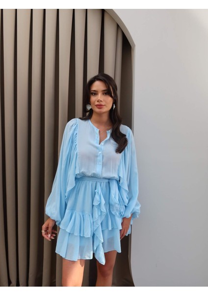 Kuşaklı Uzun Kol Fırfırlı Mini Elbise fiyatları