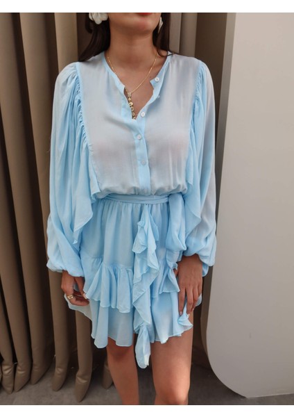 Kuşaklı Uzun Kol Fırfırlı Mini Elbise modelleri