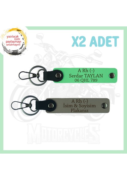 Kül Gri-F Yeşil, Motorcu Dostlara, Isim Plaka ve A - Kan Grubu Yazılı Güvenli Sürüş 2'li Anahtarlık