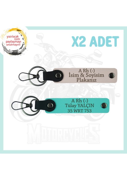 Pudra-Turkuaz, Motorcu Yolculara Özel, Isim Plaka ve A Rh (-) Kan Grubu Yazılı Deri 2'li Anahtarlık
