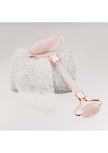 Pembe ve Kristal Kuvars Yüz Masaj Seti - Roller ve Gua Sha