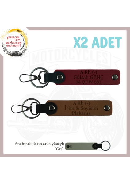 Motosiklet Tutkunlarına, Isim Plaka ve A Rh (-) Kan Grubu Yazılı Deri X2 Anahtarlık, Kahve-Bordo-Gr