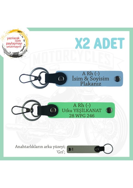 Biker Dostlarına, Isim Plaka ve A Rh (-) Kan Grubu Yazılı, Motor X2' Li Anahtarlık, Mavi-F Yeşil-Gr
