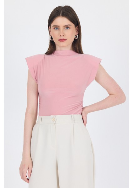 Pudra Vatkalı Dik Yaka Drapeli Bluz 13185
