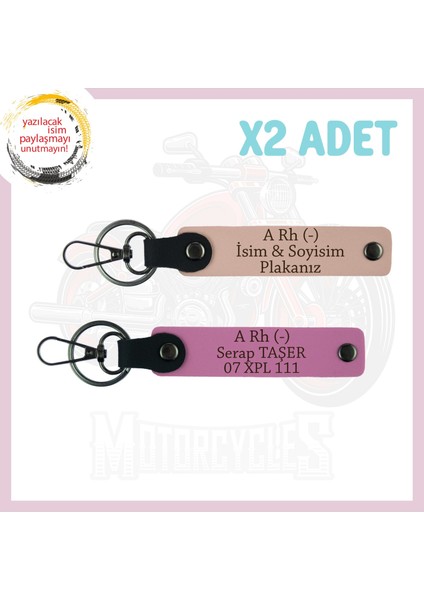 Yavruağzı-Pembe, Bikerlar Için Özel, Isim Plaka ve A Rh (-) Kan Grubu Yazılı Hediye 2'li Anahtarlık