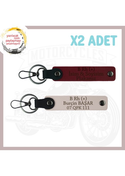 Pudra-Bordo, Biker Stiline Özel, Isim Plaka ve B Rh (+) Kan Grubu Yazılı 2li Motorsiklet Anahtarlığı