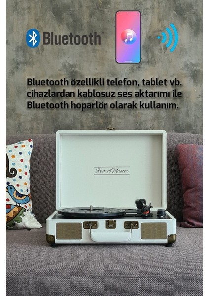 ST14012 Retro Pikap Plak Çalar- Kum Beyazı - Bluetooth ve Şarjlı - 3 Devir - Universal Iğneli
