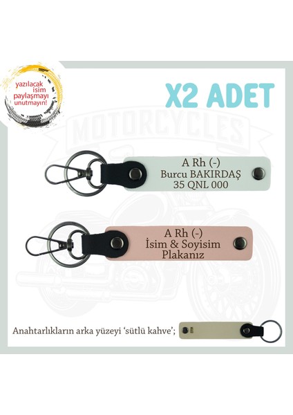 Motokurye Özel Hediyesi, Isim Plaka ve A Rh (-) Kan Grubu Yazılı X2 Anahtarlık, Yavruağzı-Bordo-Sk