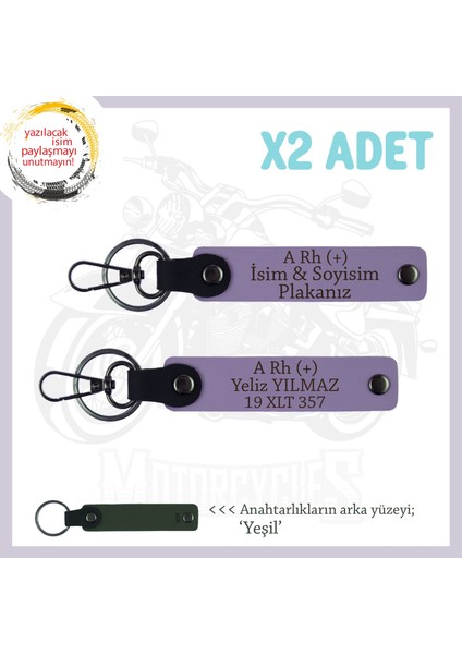 Motor Tutkunlarına, Isim Plaka ve A+ Kan Grubu Yazılı Özel Üretim 2'li Anahtarlık, Armağan, Mor-Ysl
