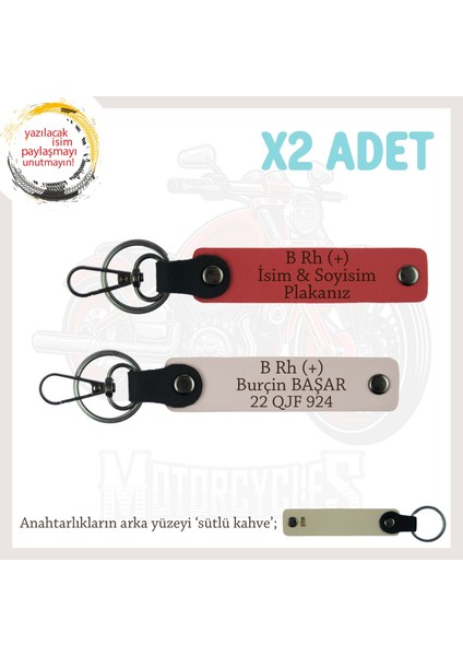 Motor Tutkunlarına Özel, Isim Plaka ve B Rh (+) Kan Grubu Yazılı X2 Anahtarlık, Nar Çiçeği-Pudra-Sk