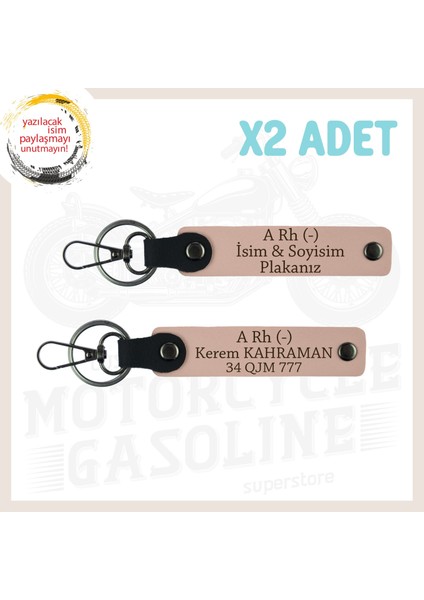 Yavruağzı, Biker Tarzına Özel, Isim Plaka ve A Rh (-) Yazılı Anlamlı Hediye, Deri X2 Anahtarlık Set