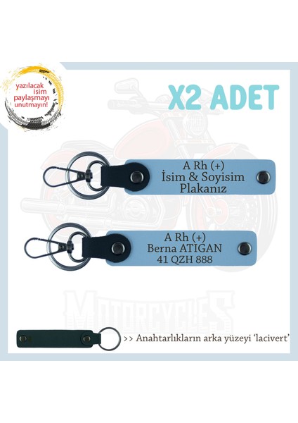 Yol Arkadaşlarına, Isim Plaka ve A Rh + Kan Grubu Yazılı Acil Durum X2 Anahtarlık Takımı, Mavi-Laci