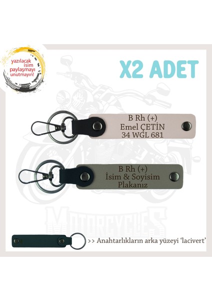 Motosiklet Sürücüsüne, Isim Plaka ve B Rh (+) Yazılı Acil Durum X2 Anahtarlıklar, Kül Gri-Pudra-Laci