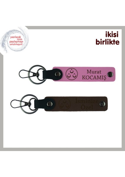 Sevgiline Özel Üç Ayyıldız Temalı Armağan – Isim Yazılabilir Deri Anahtarlık Seti, Pembe-Kahve