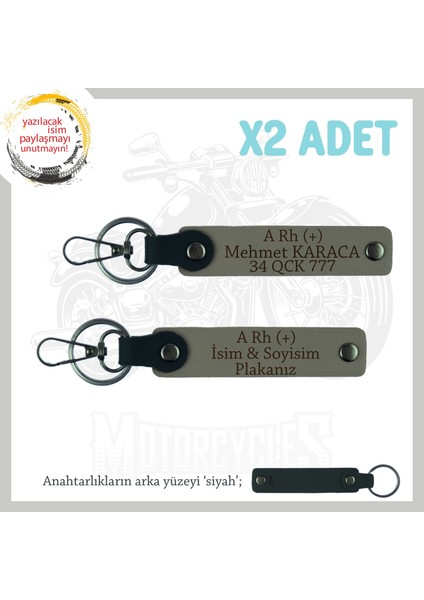 Motokuryelere Özel Üretim, Isim Plaka ve A Rh (+) Kan Grubu Yazılı X2' Li Anahtarlık, Kül Gri-Syh