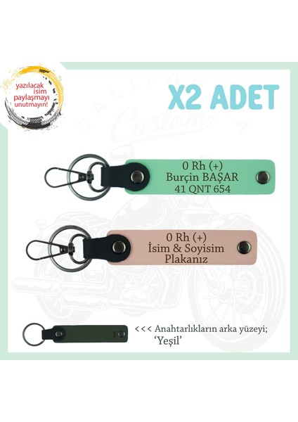 Motor Severlere Özel Tasarım, Isim Plaka ve 0+ Kan Grubu Yazılı X2 Anahtarlık, Yavruağzı-Yeşil-Ysl