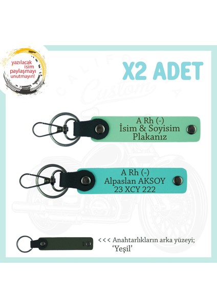 Motor Severlere Özel, Isim Plaka ve A Rh (-) Kan Grubu Yazılı 2'li Anahtarlık Set, Yeşil-Turkuaz-Ysl