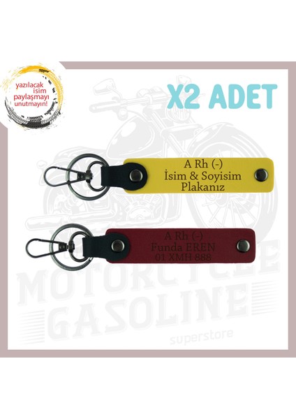 Sarı-Bordo, Motor Tutkunlarına, Isim Plaka ve A Rh (-) Kan Grubu Yazılı Özel Üretim 2'li Anahtarlık